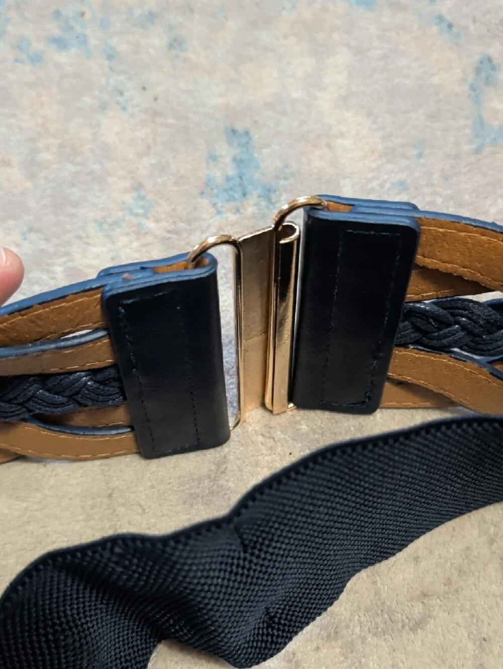 Navy Blue Elastic Braided Leather Wide Cinch Belt W/ Gold Accents 28